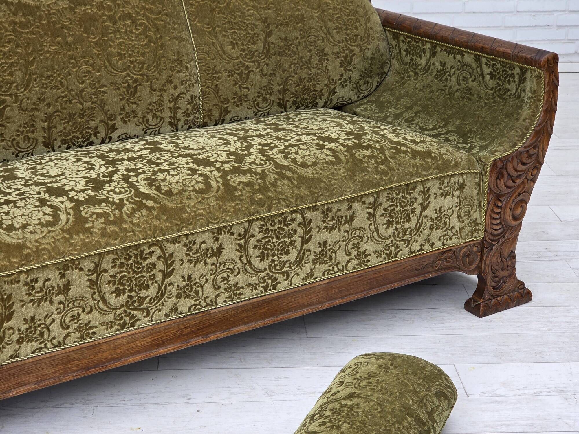 1950s, Danish 3-seater sofa, green furniture velour, oak wood.