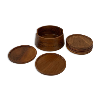 Set of 6 Mid Century coasters, wooden coasters in stand, 60's barware
