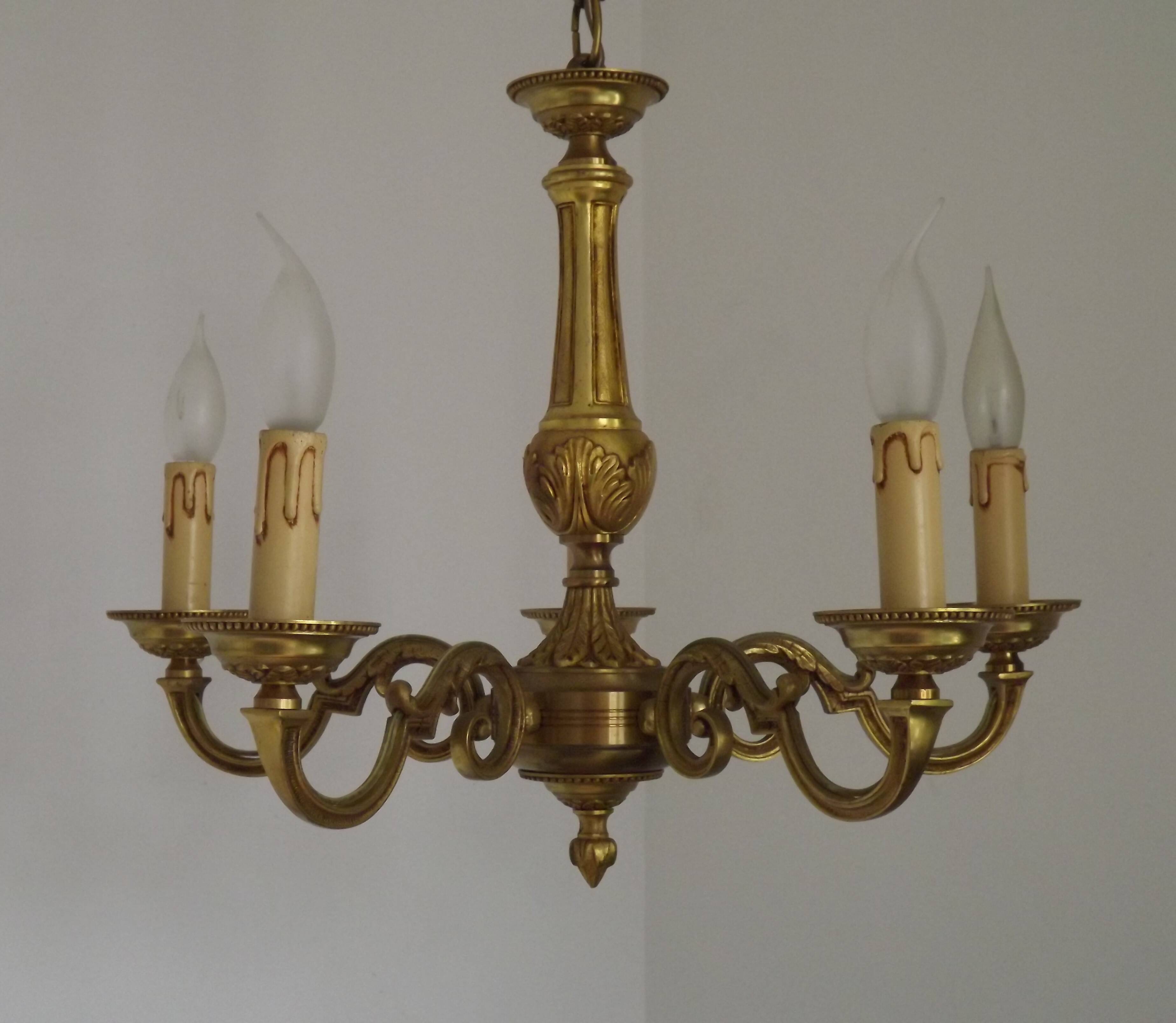French Vintage Mid-Century Bronze 5-Light Traditional Style Chandelier