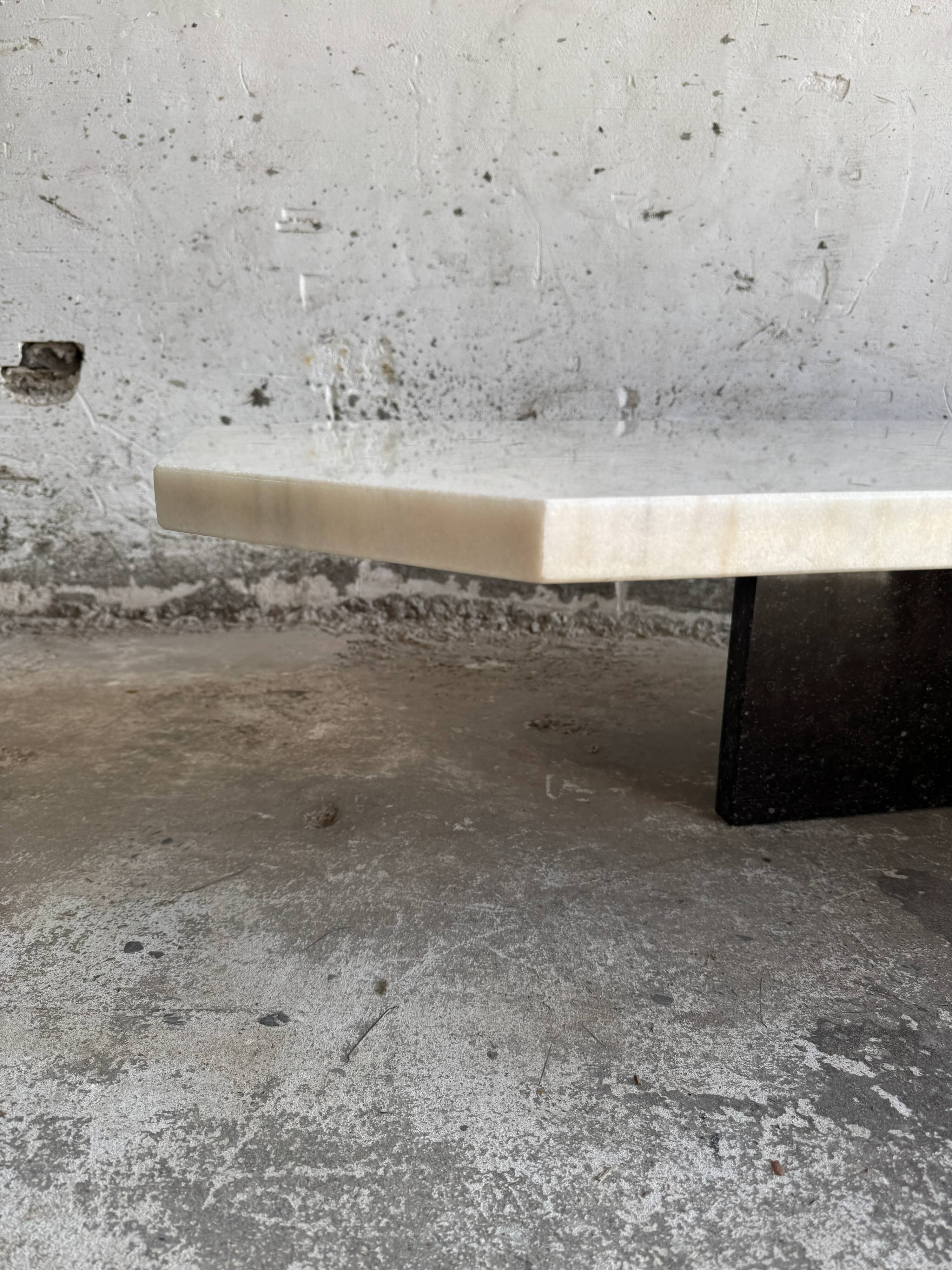 Postmodern white marble and black granite coffee table — sculptural asymmetrical design