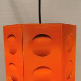 Danish Space-Age hanging lamp from the 80s, made in orange metal with cut-outs.