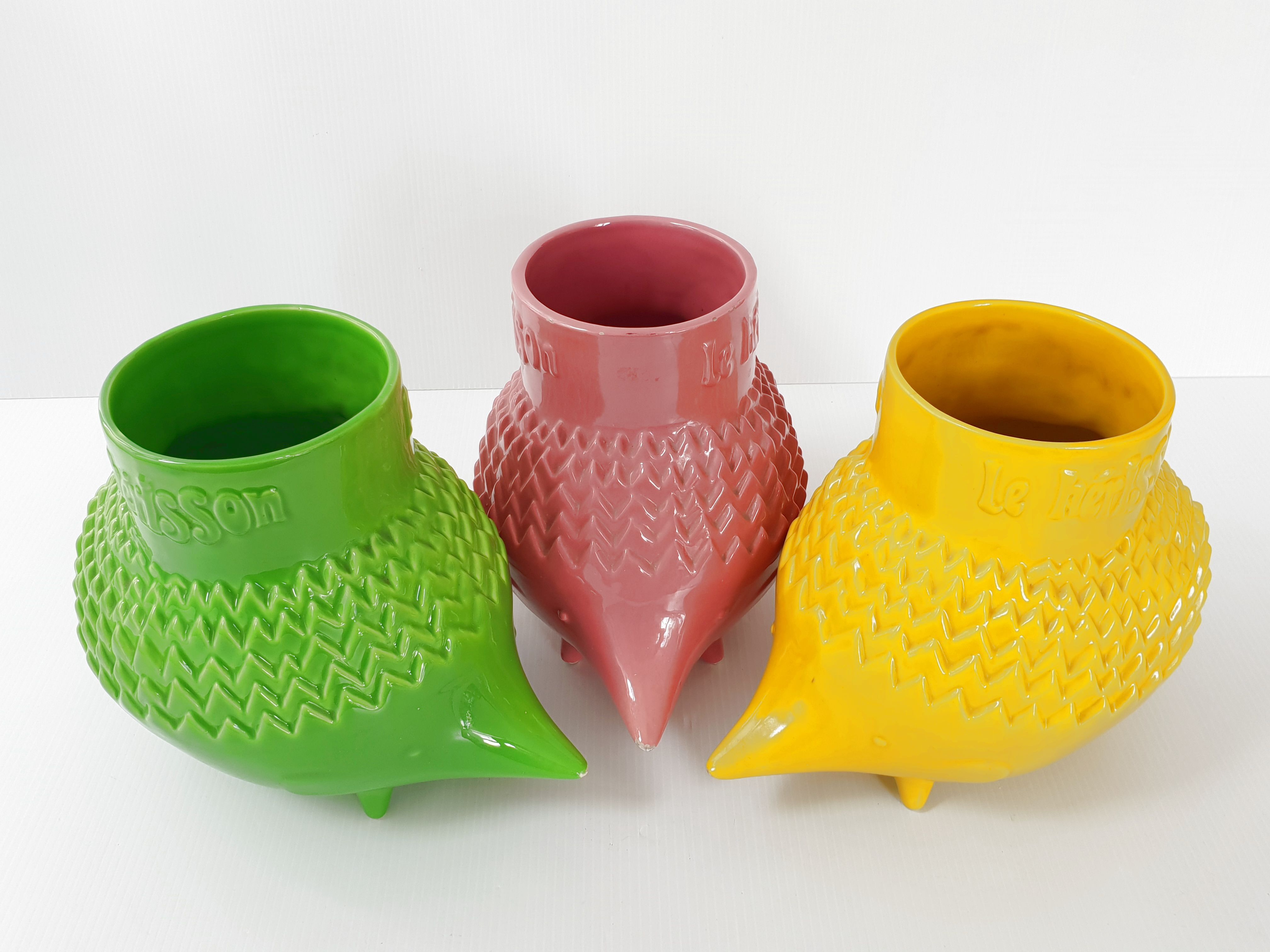 Suite of 3 vintage hedgehog vases 1960