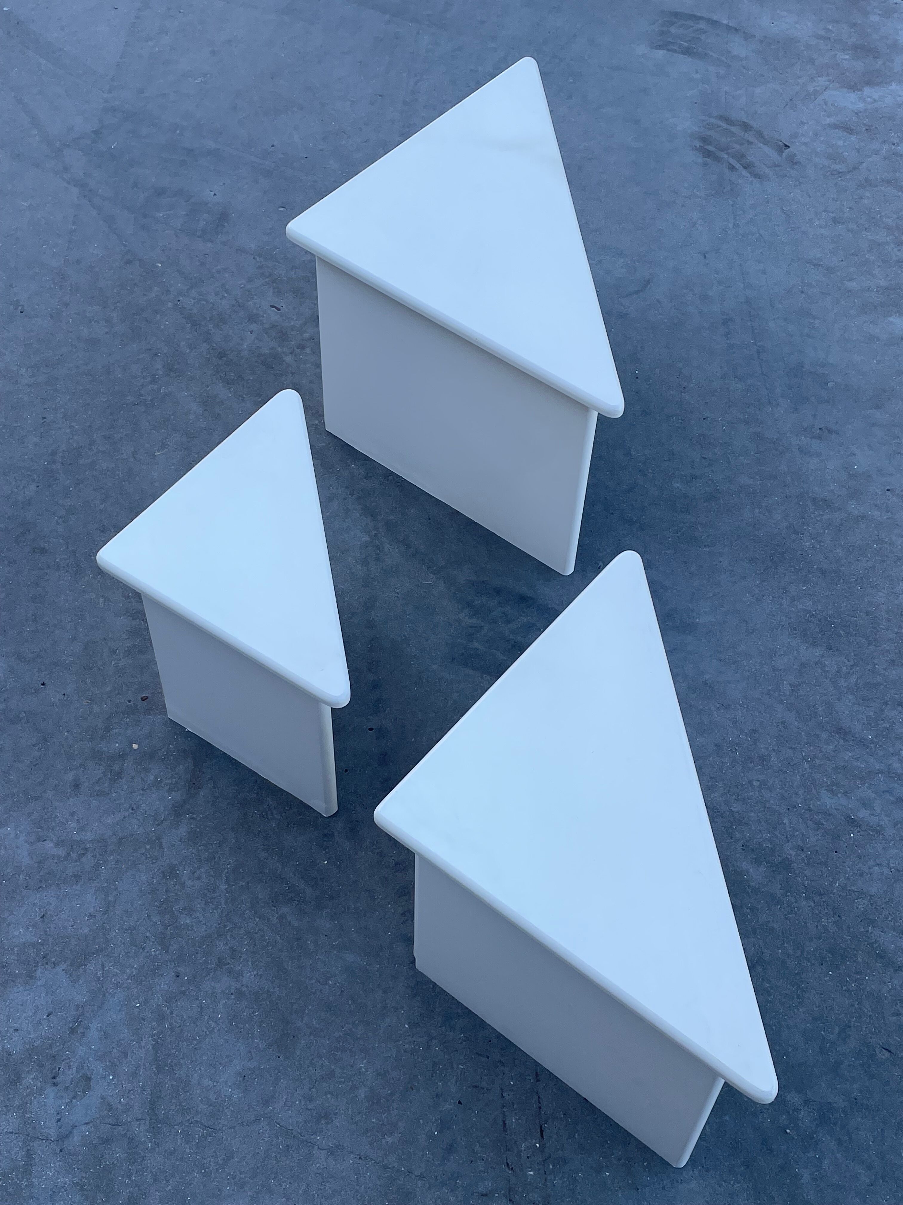Set of three triangle side tables wood white creme design