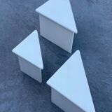 Set of three triangle side tables wood white creme design