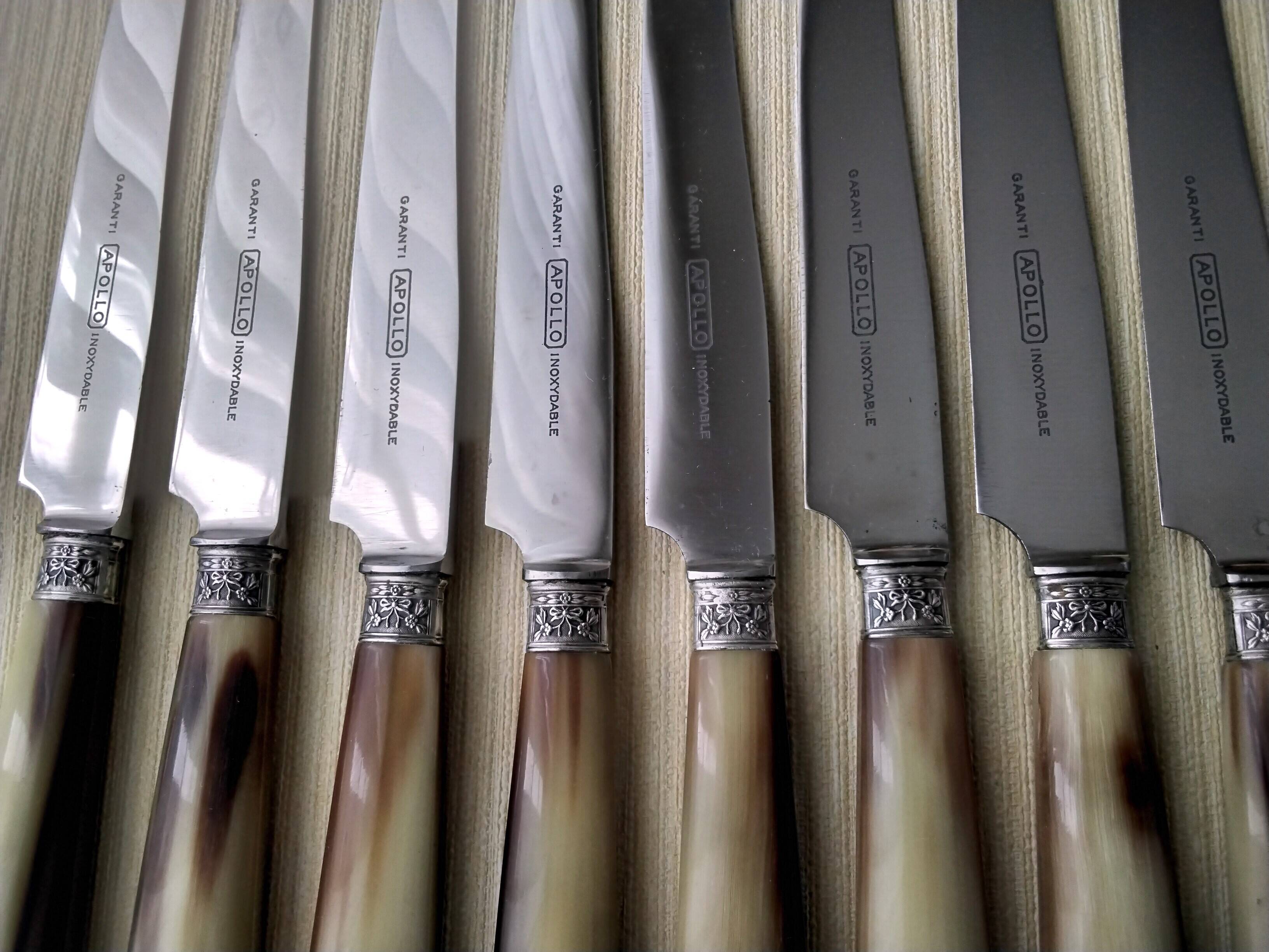 12 Apollo table knives in stainless steel and bovine horn