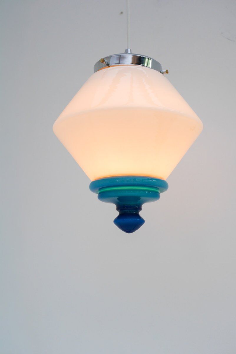Scandinavian Art Deco milk glass pendant light with azure blue details, 1930s