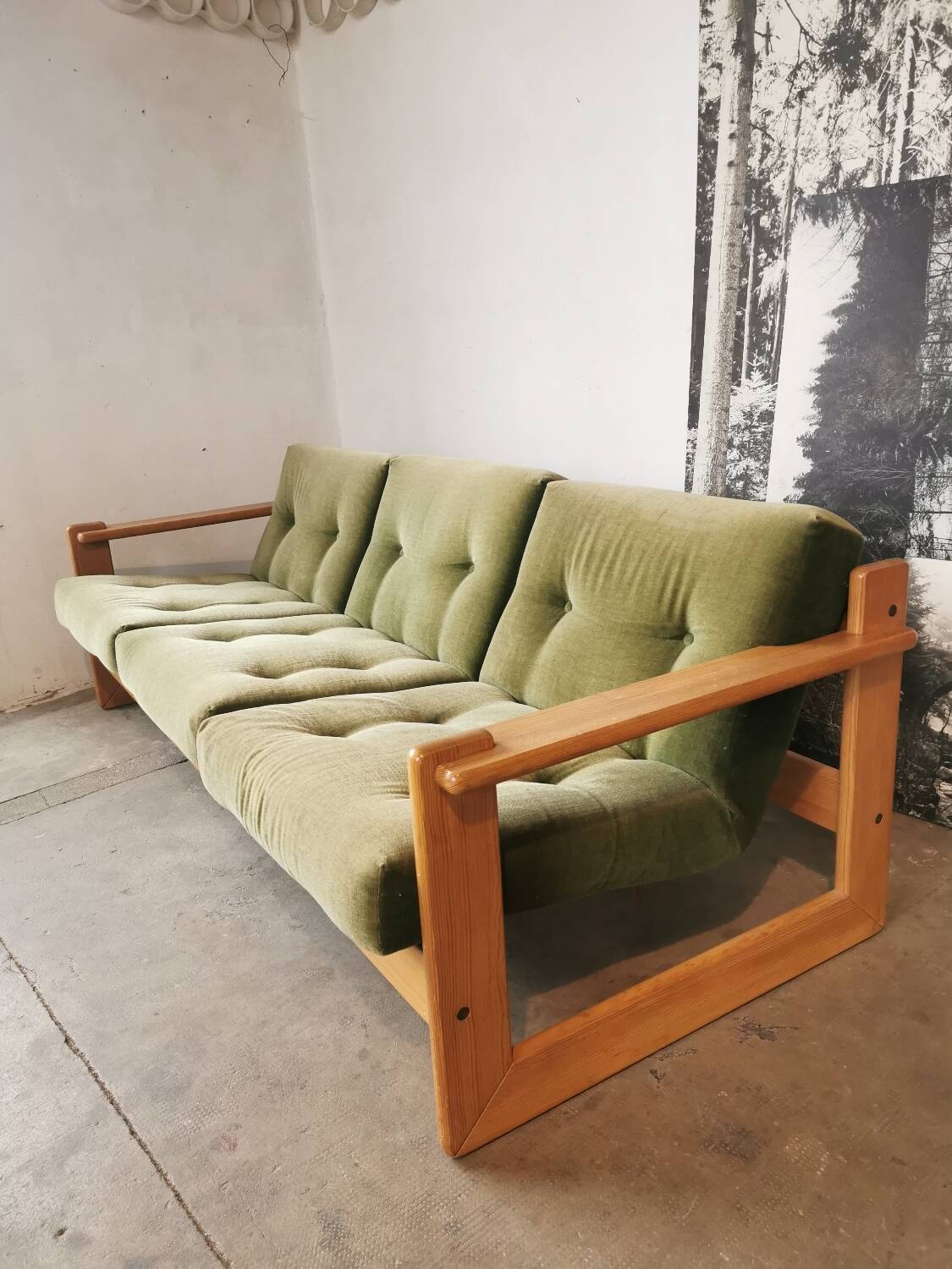 Scandinavian velvet and wood sofa