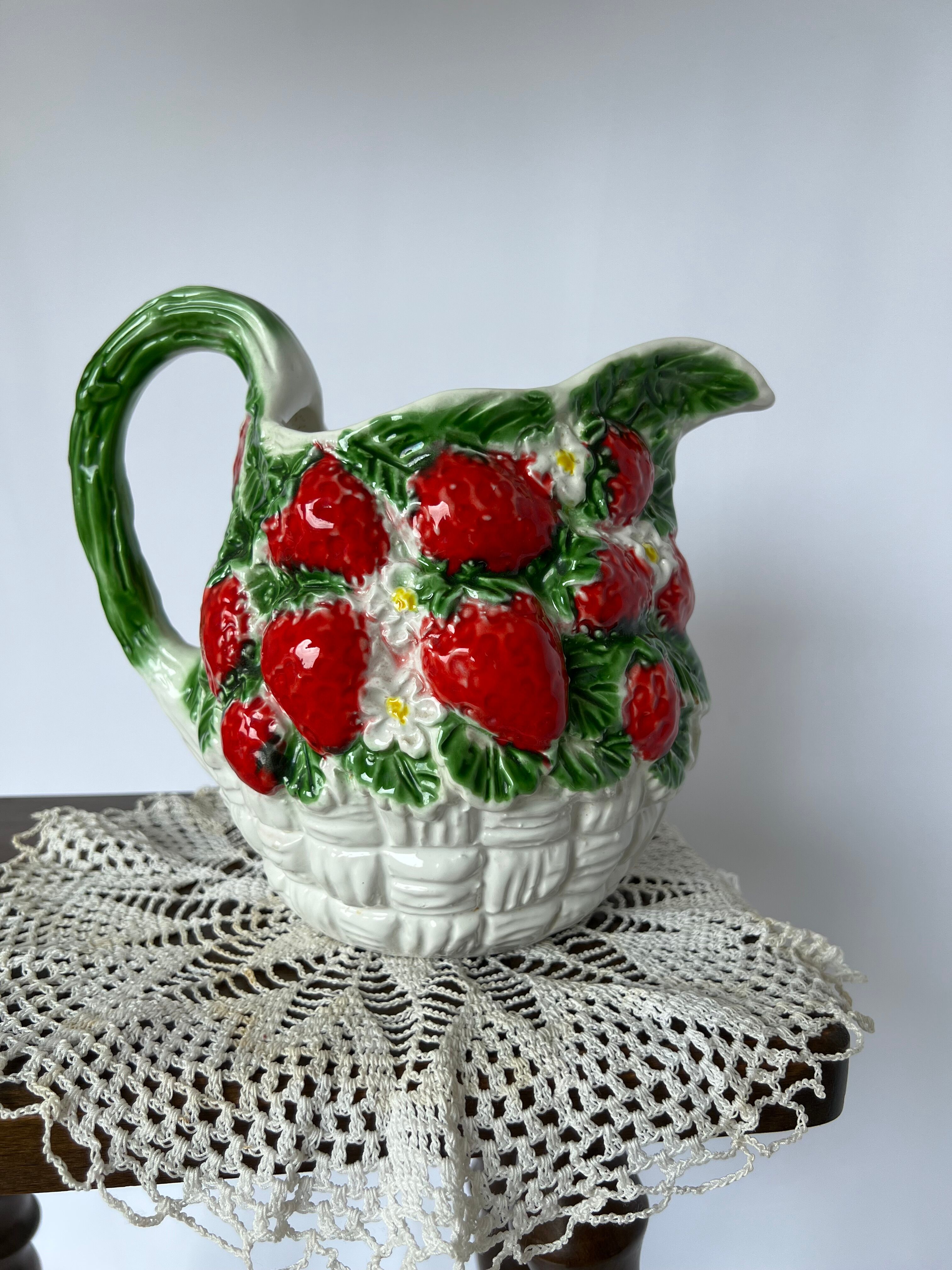 Pitcher carafe vintage slip pattern strawberries