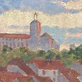 Oil painting representing a village signed and dated 1921