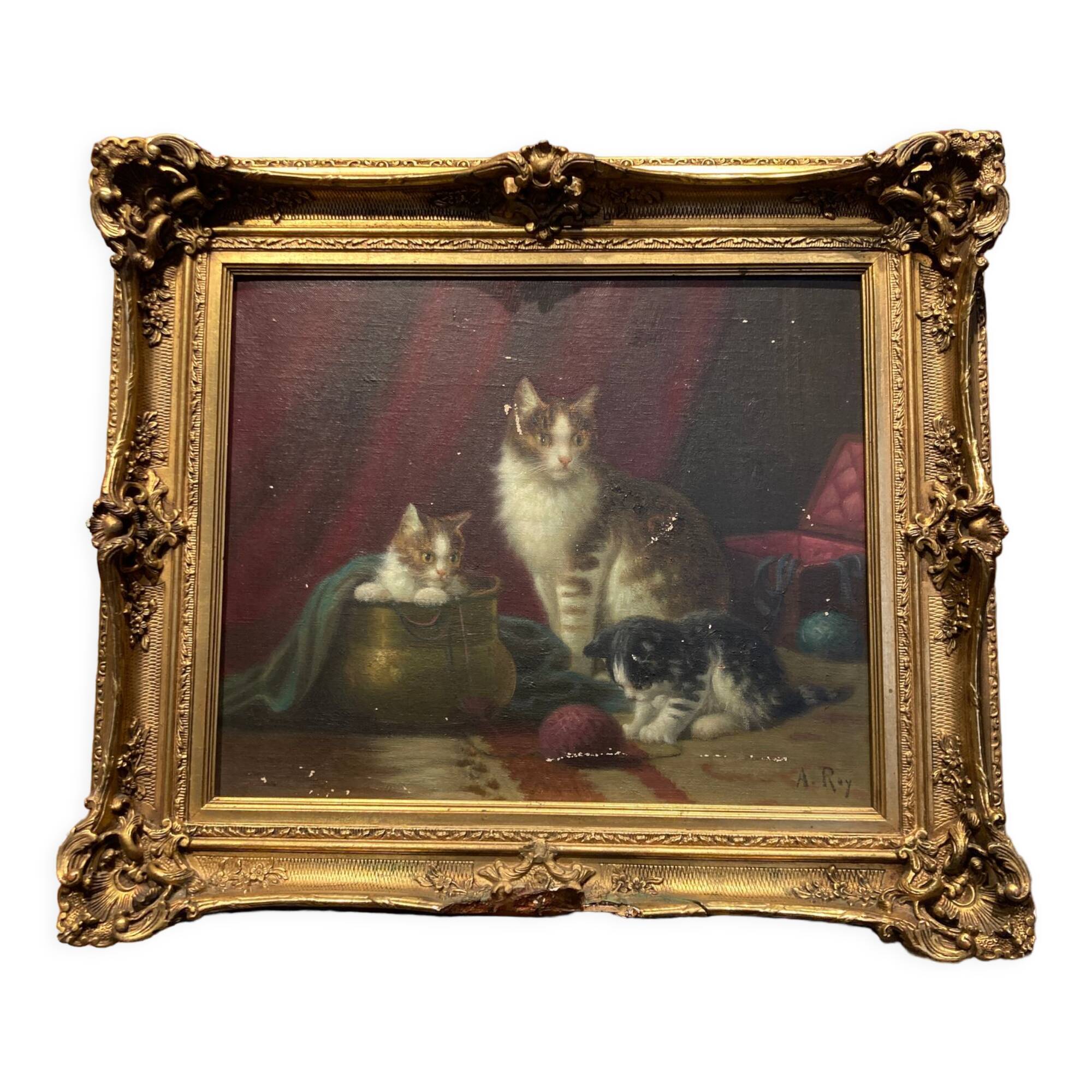 Oil on canvas depicting cats