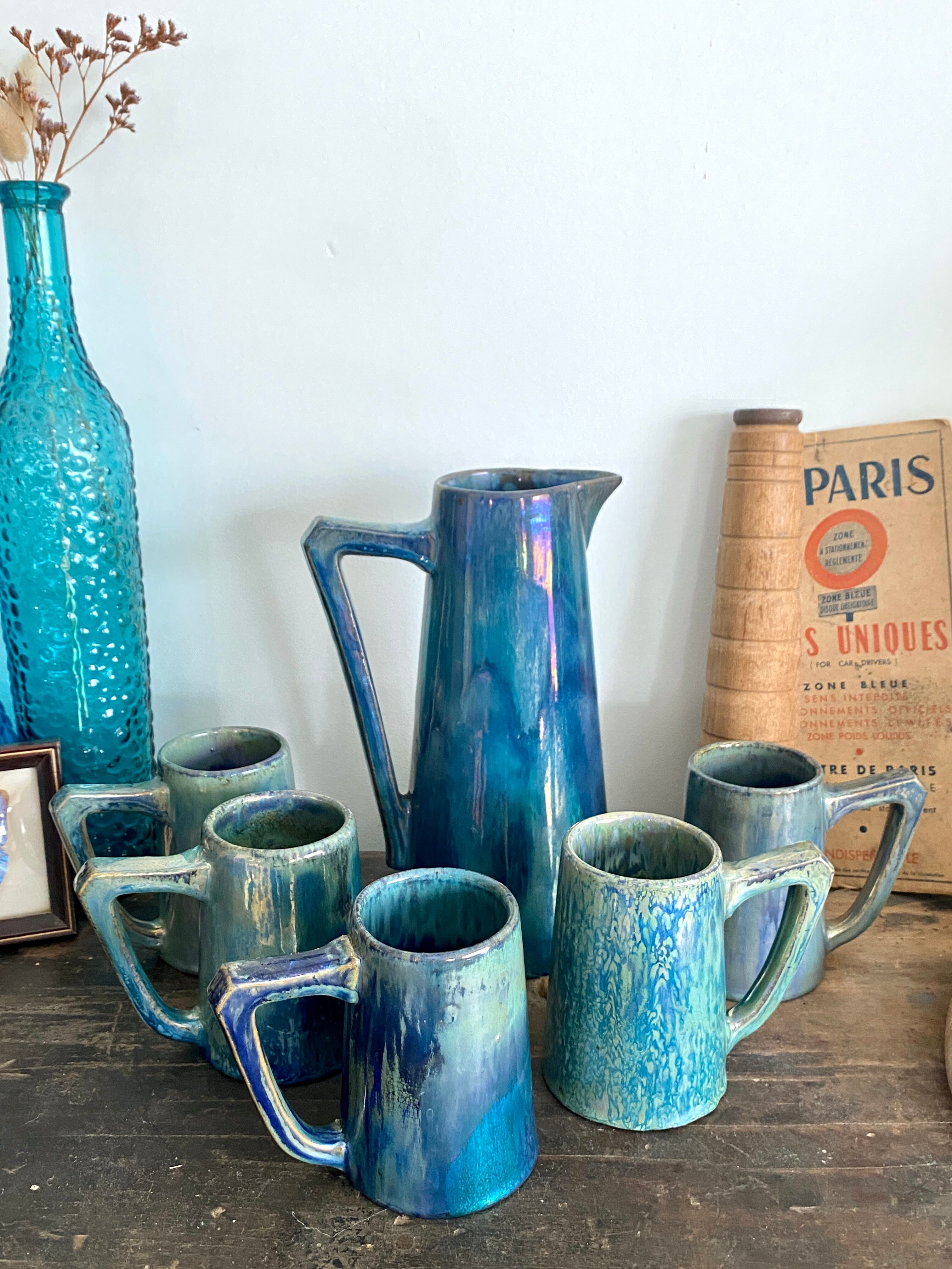 Pichet et tasses en grès rambervillers
