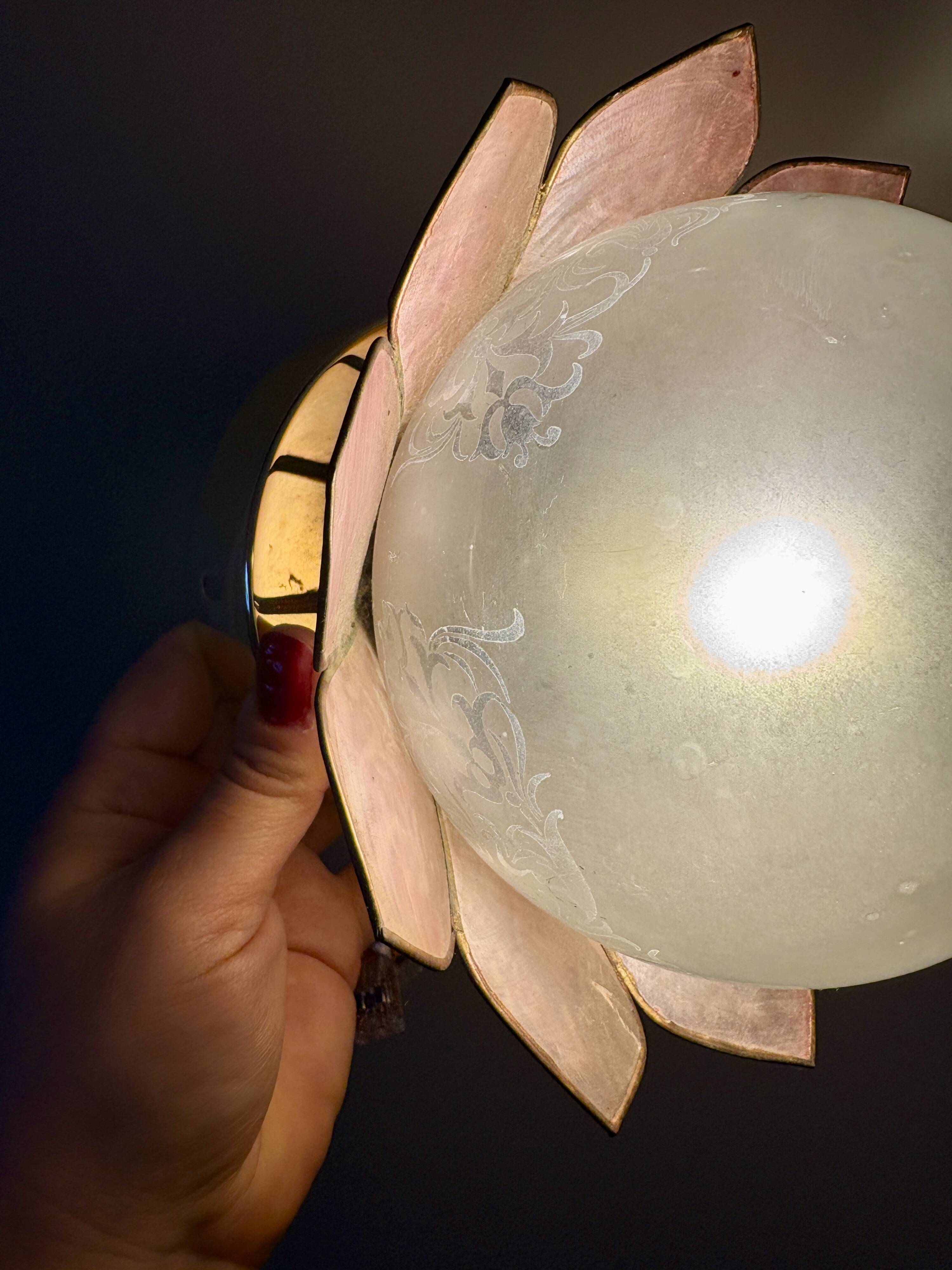 Vintage pink mother-of-pearl wall lamp with frosted glass globe