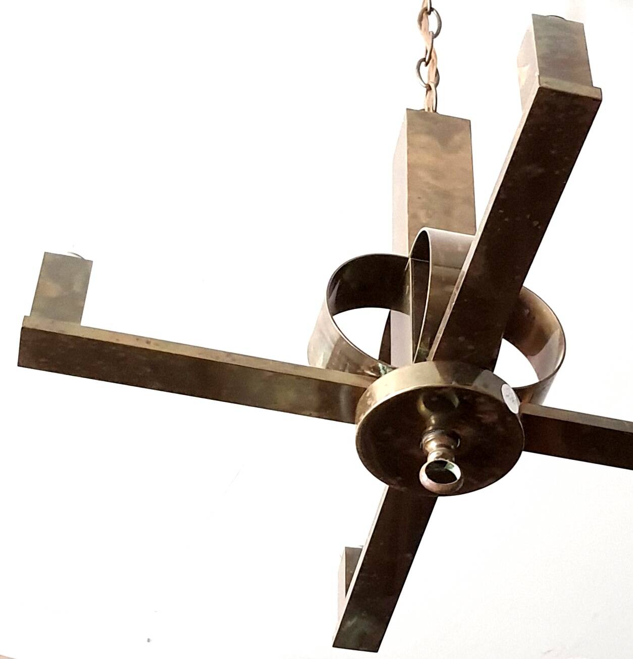 Art Deco period modernist four-light gilt brass pendant light circa 1930