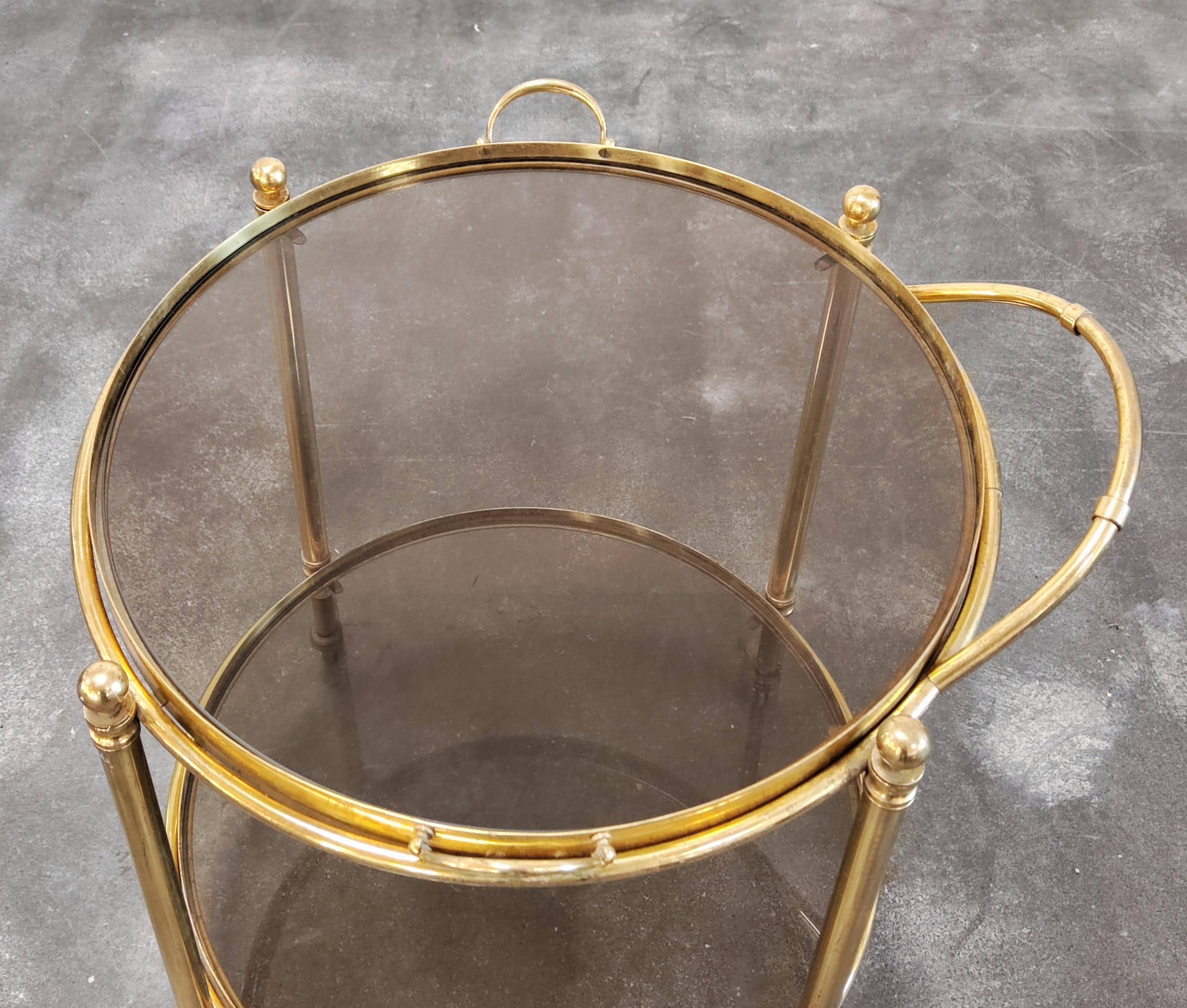 Hollywood Regency bar cart in bronze and smoked glass, 1950s