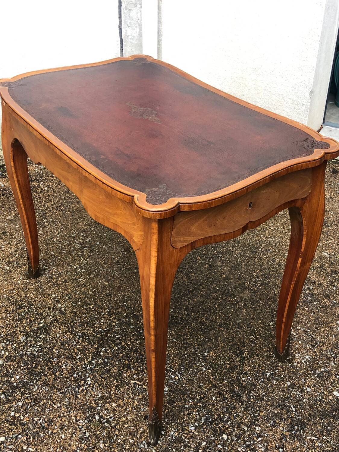 Desk, writing table with old glazed leather top