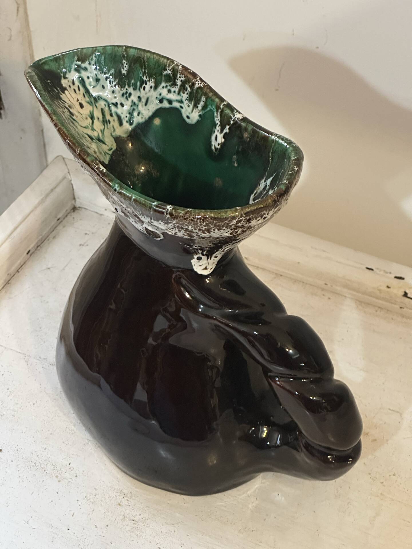 Sculptural pitcher Vallauris in glazed ceramic green and brown, France