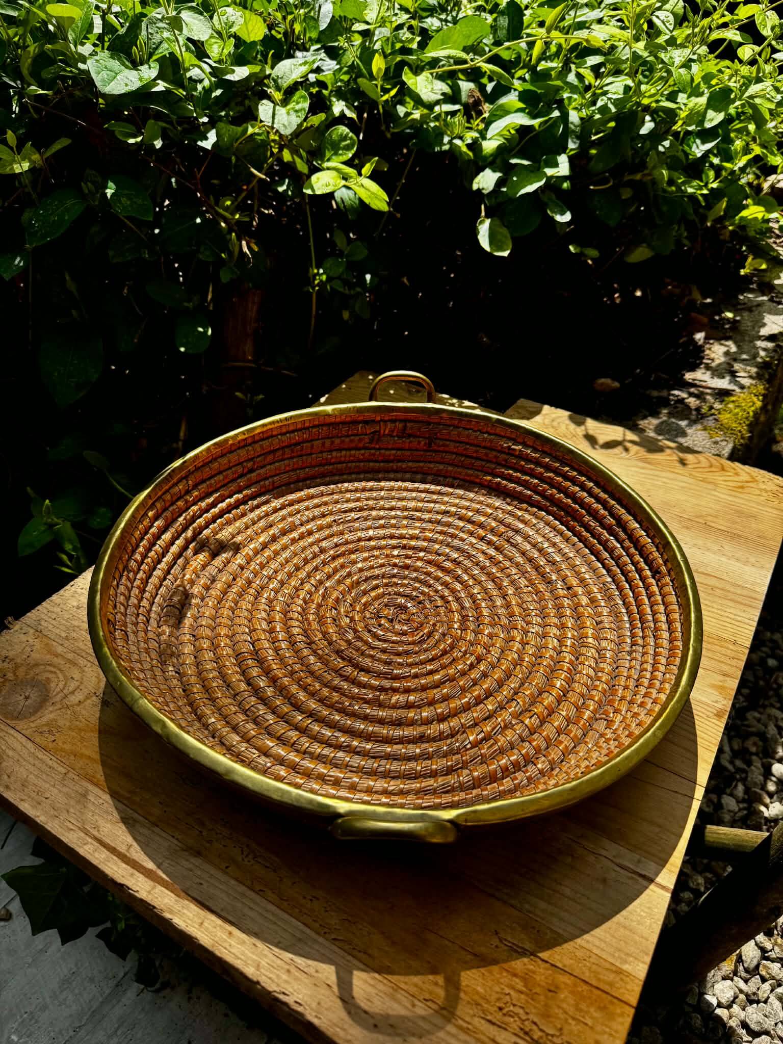 Wicker and brass table centrepiece in the style of Gabriella Crespi from the 1960s.