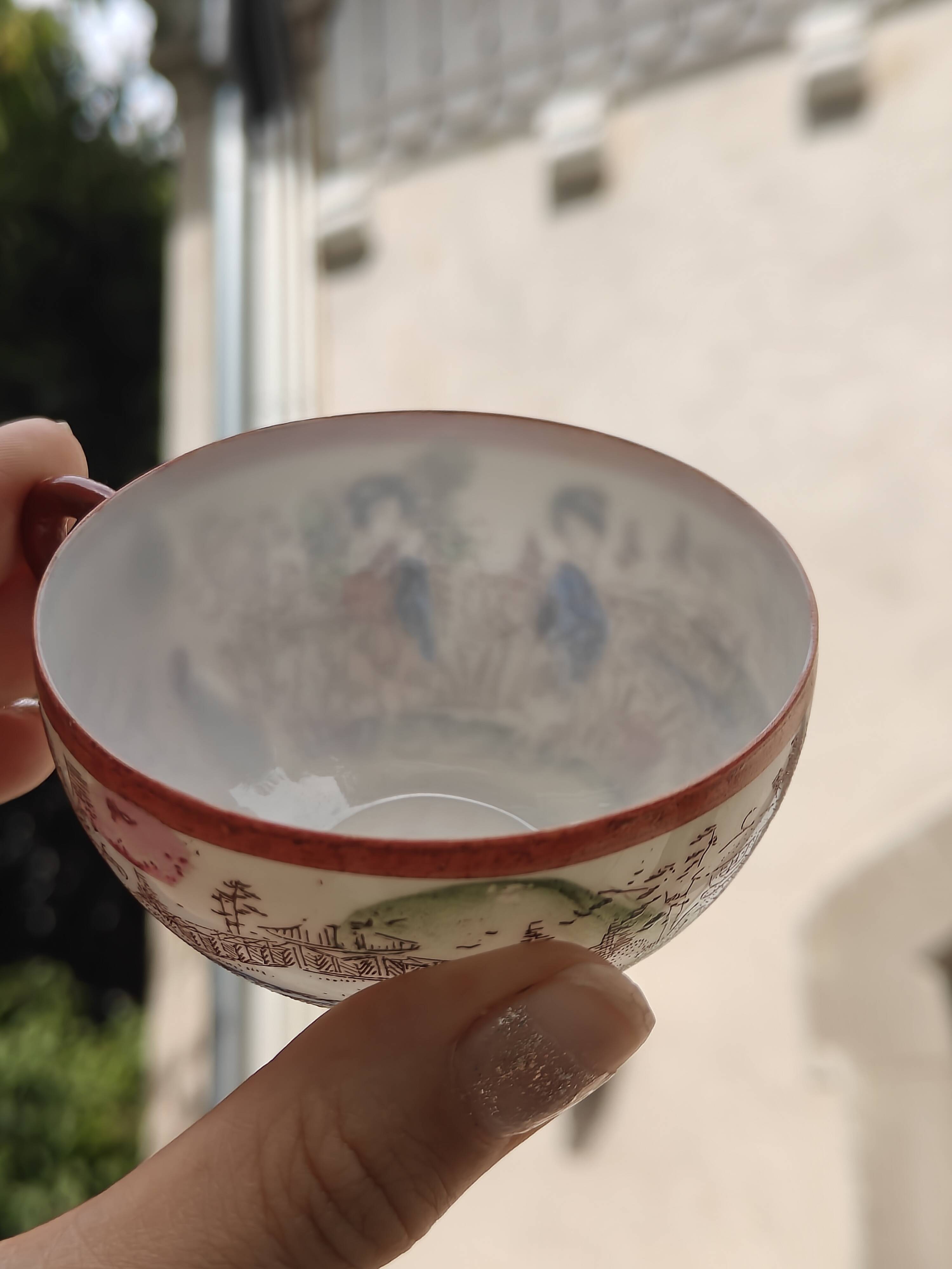 Vintage Japanese tea/coffee service, egg shell porcelain & enamels for 5 people.