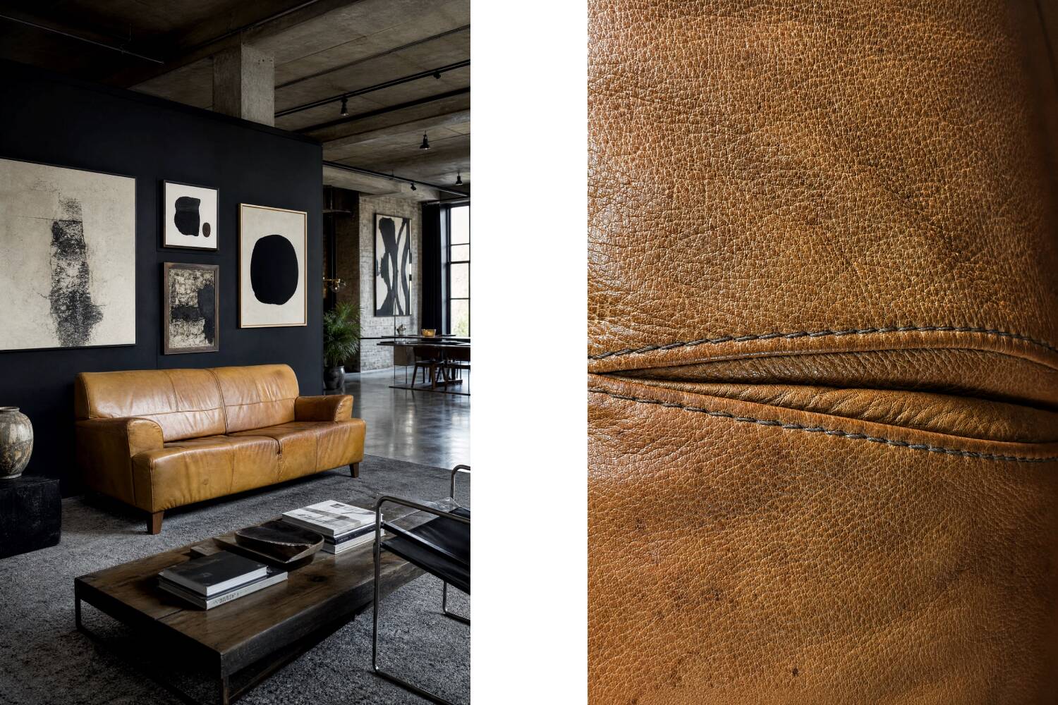 Canapé 3 places en cuir marron industriel vintage des années 1960, style mid-century modern