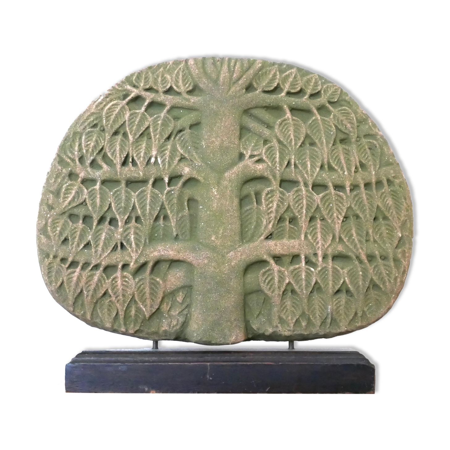 Stone tree sculpture, wooden base, 70s