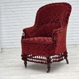 1950s, Danish highback armchair, furniture velour, beech wood legs.