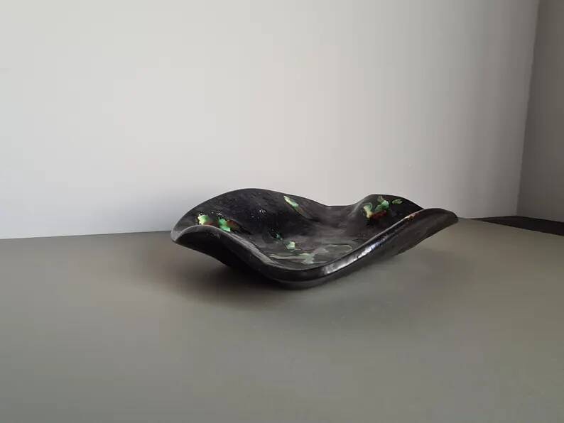 French ceramic bowl, lava glaze, black and green.