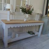 Console with pearl grey patinated base, oak top.