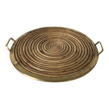Round vintage bamboo and brass tray in the spirit of Gabrielle Crespia.