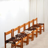 Series of 6 chairs in pine and cowhide 1970