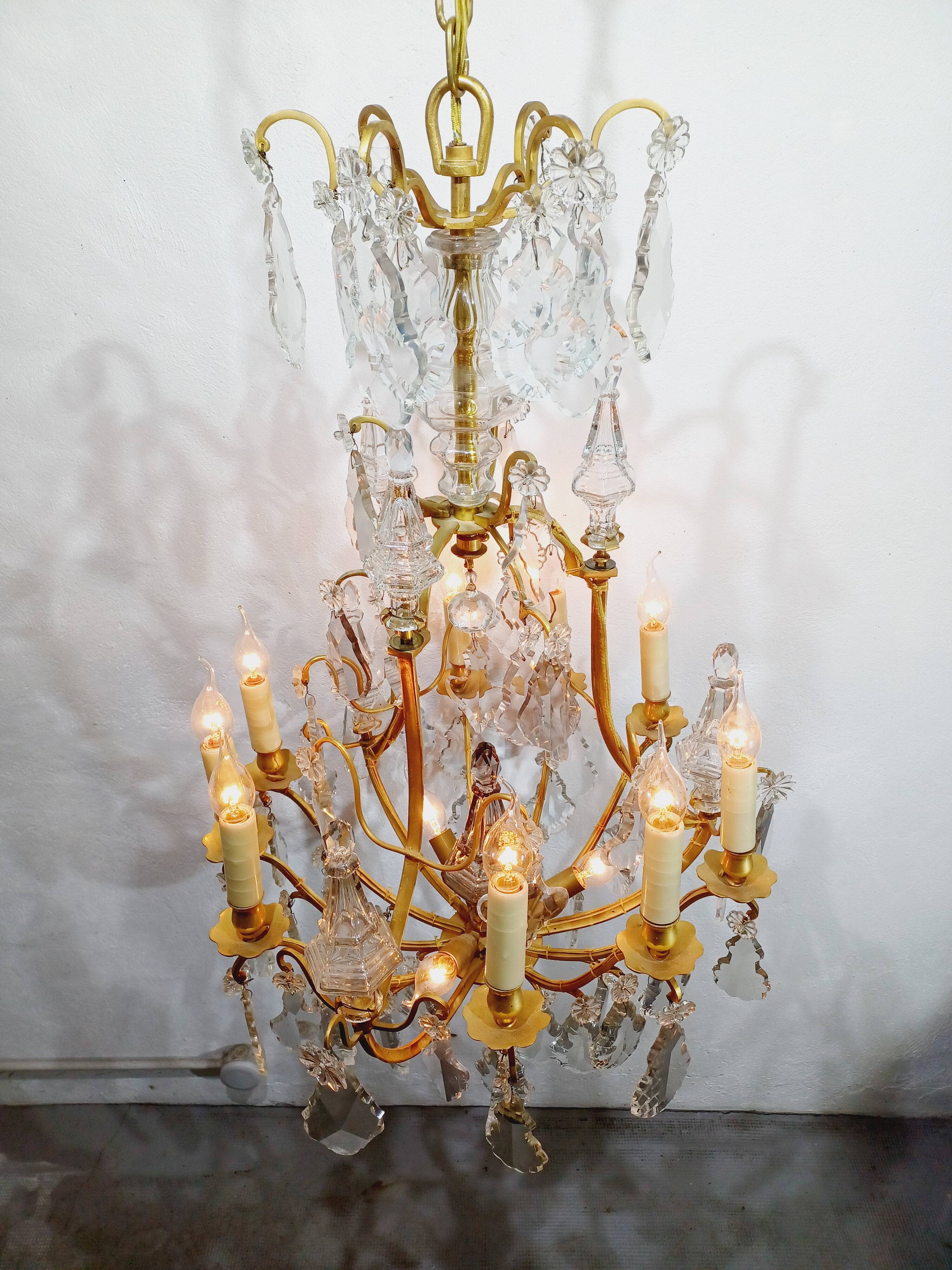 12-light bronze and crystal cage chandelier