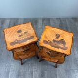 Pair of bedside tables in marquetry in the Louis XV style, 20th century.