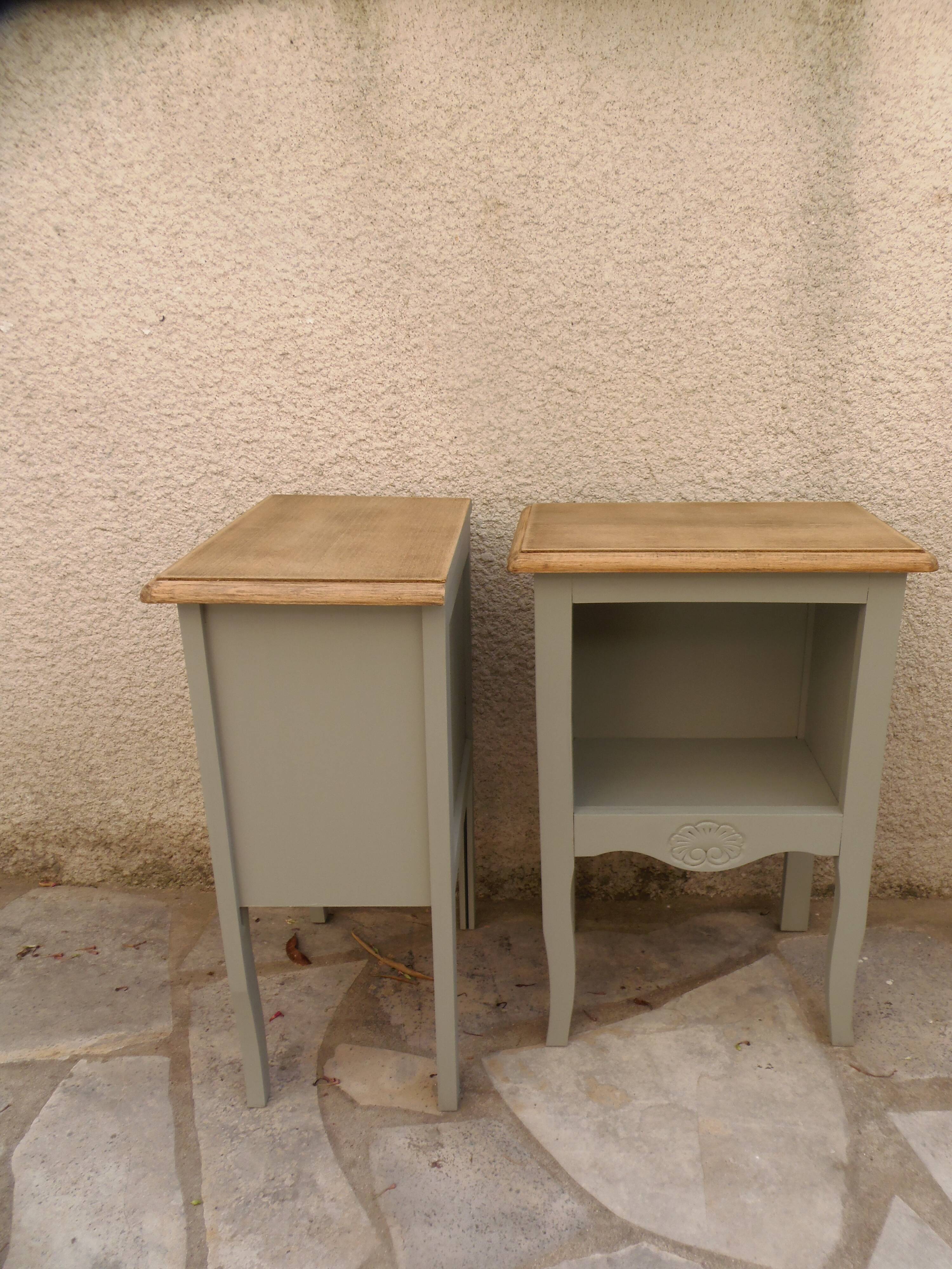 Pair of restored antique bedside tables painted in verdigris.