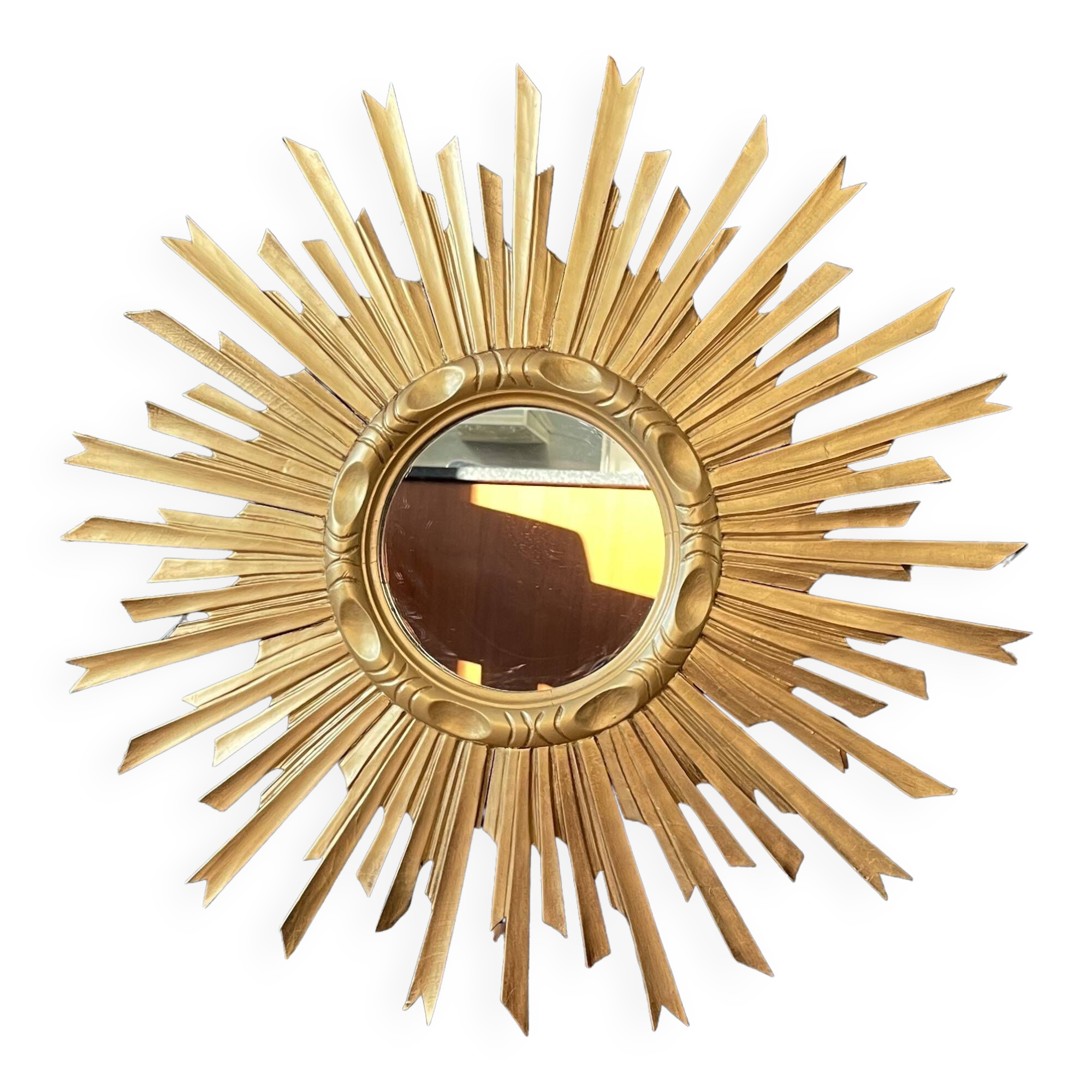 Old gilded wood sun mirror, 70 cm, mid-20th century