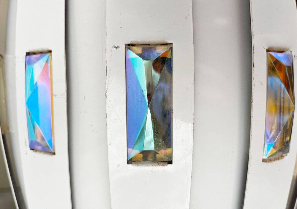 Metal pendant lamp and prism model in white mid-century by Werner Schou for Coronell Elektro, Denmark, 1960s.