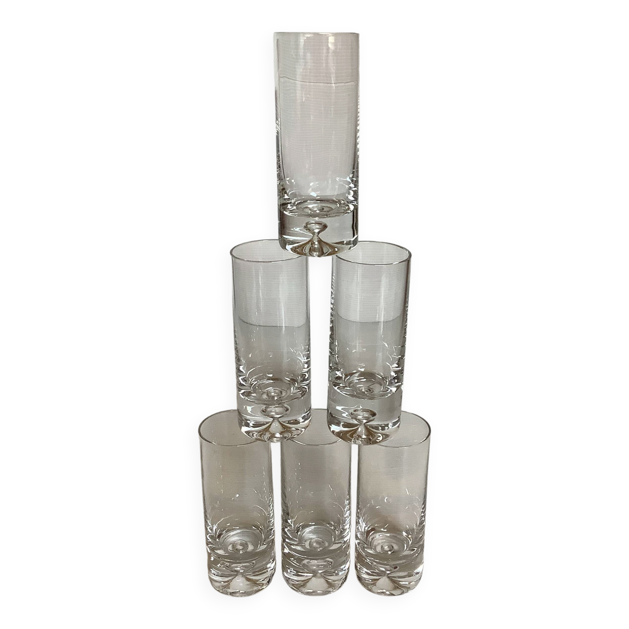 6 small bubble-footed shot glasses in Kosta Boda style.