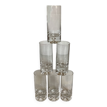 6 small bubble-footed shot glasses in Kosta Boda style.