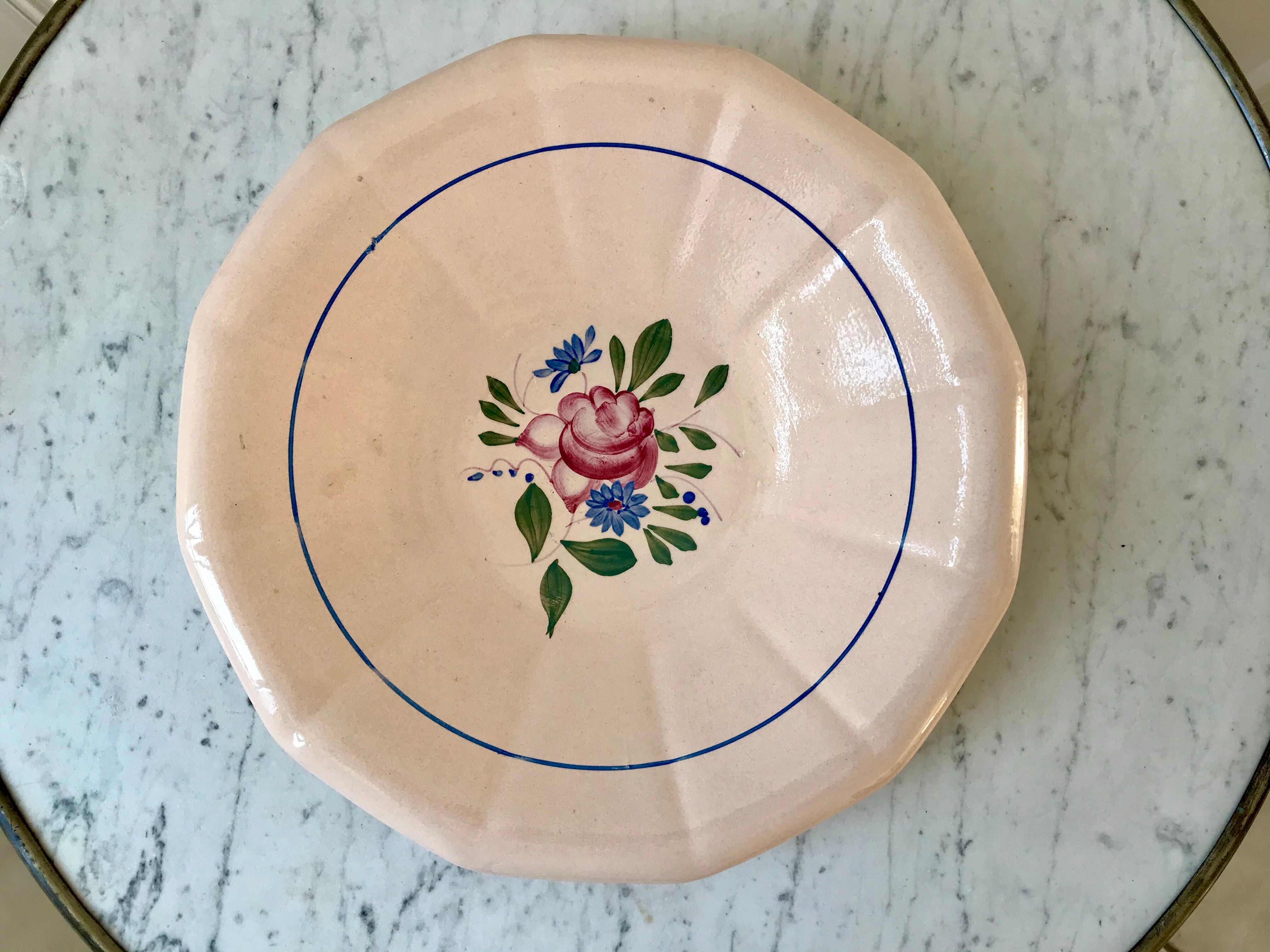 hollow dish Digoin Sarreguemines beige with pink and blue flowers 40s