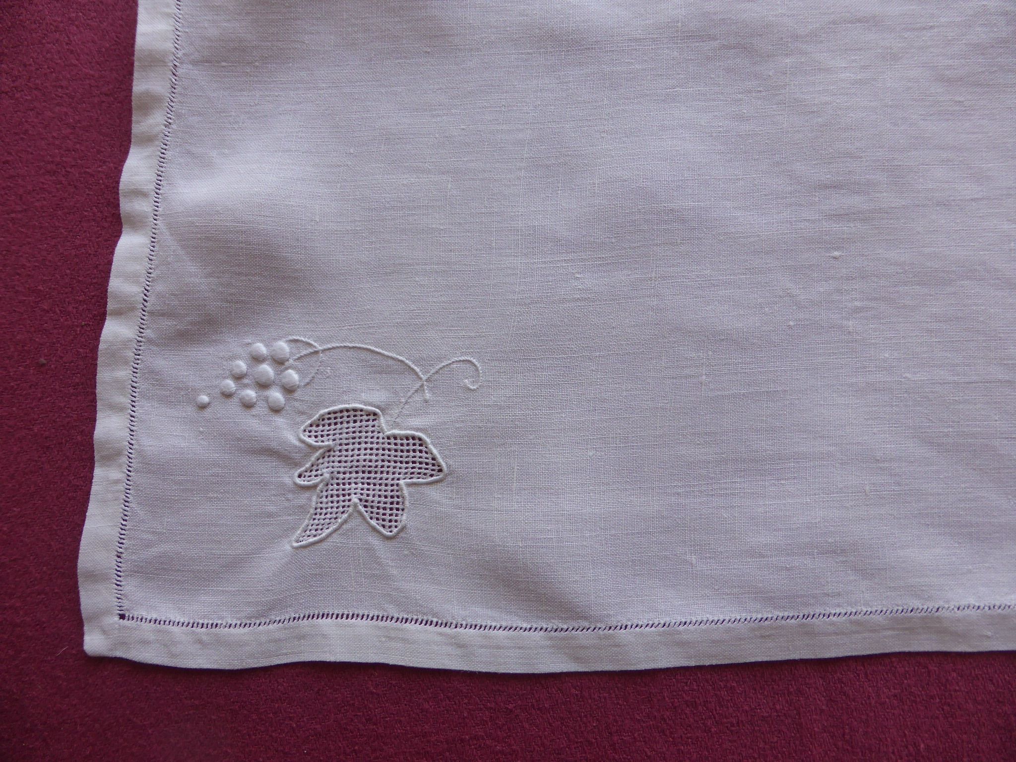8 old white linen towels embroidered with vine leaves and grape clusters