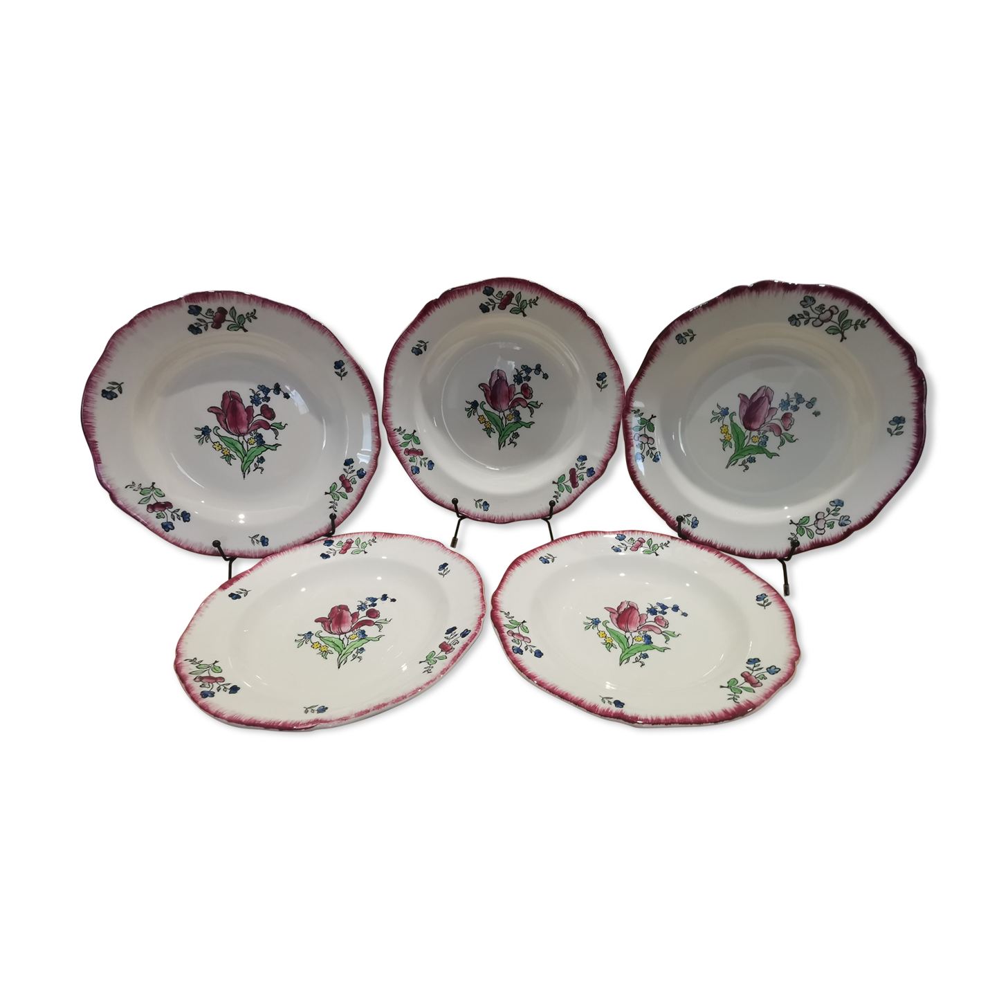 Set de 5 assiettes creuse ancienne en faïence de Gien motif "lorraine"