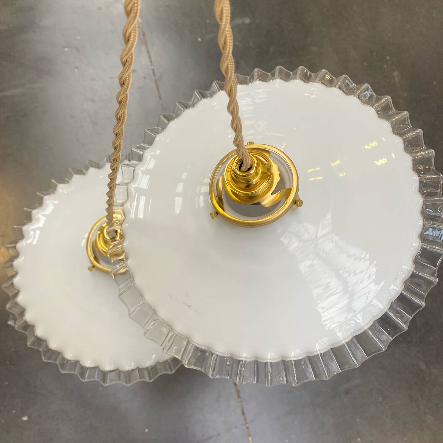 Pair of white opaline pendant lights