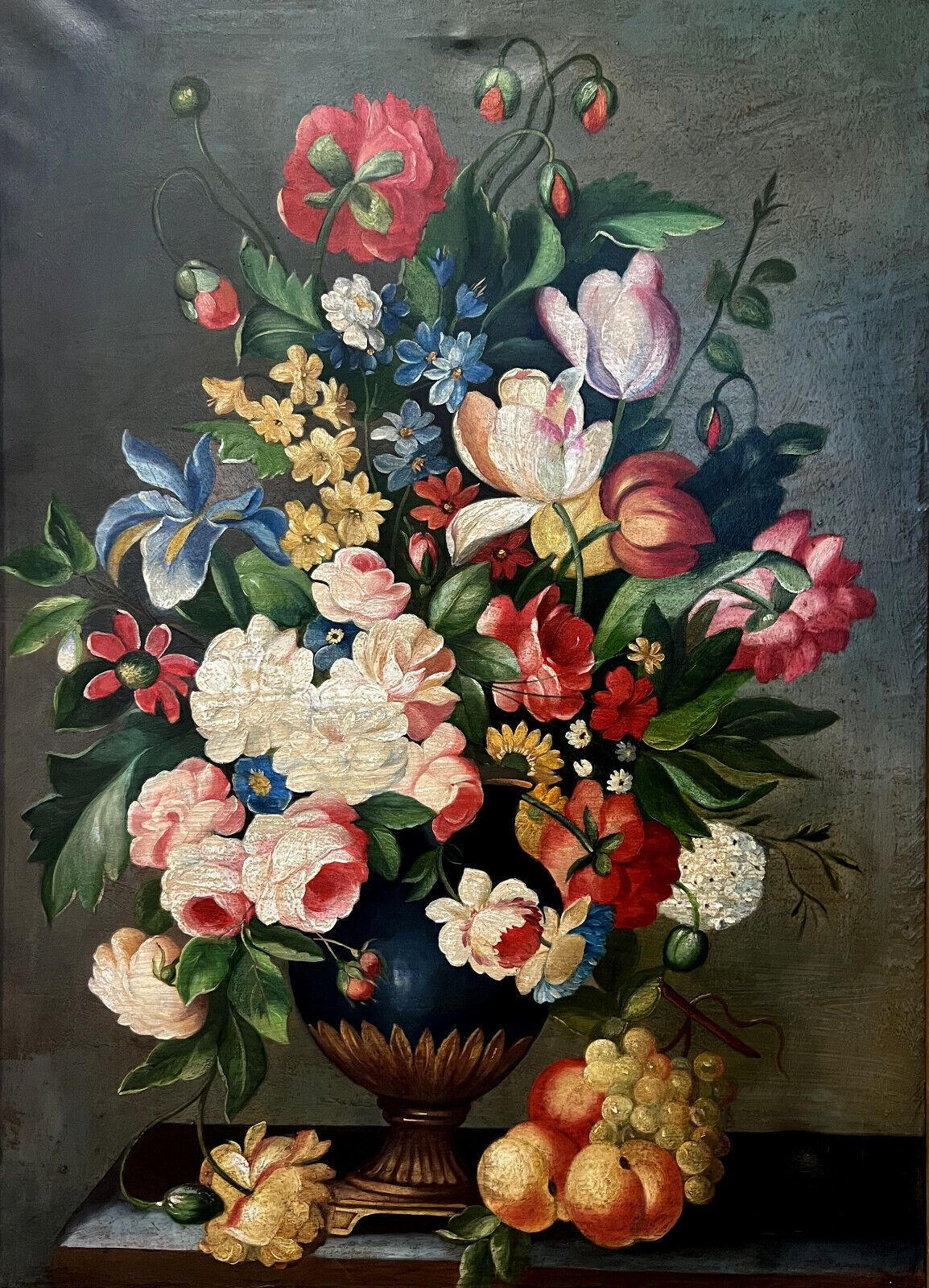 Vintage painting oil on canvas still life with flowers circa 1970