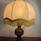 Solid wood floor lamp with 50s fabric and leather shade