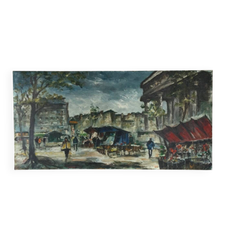 Oil on canvas The flower market of Madeleine, Paris