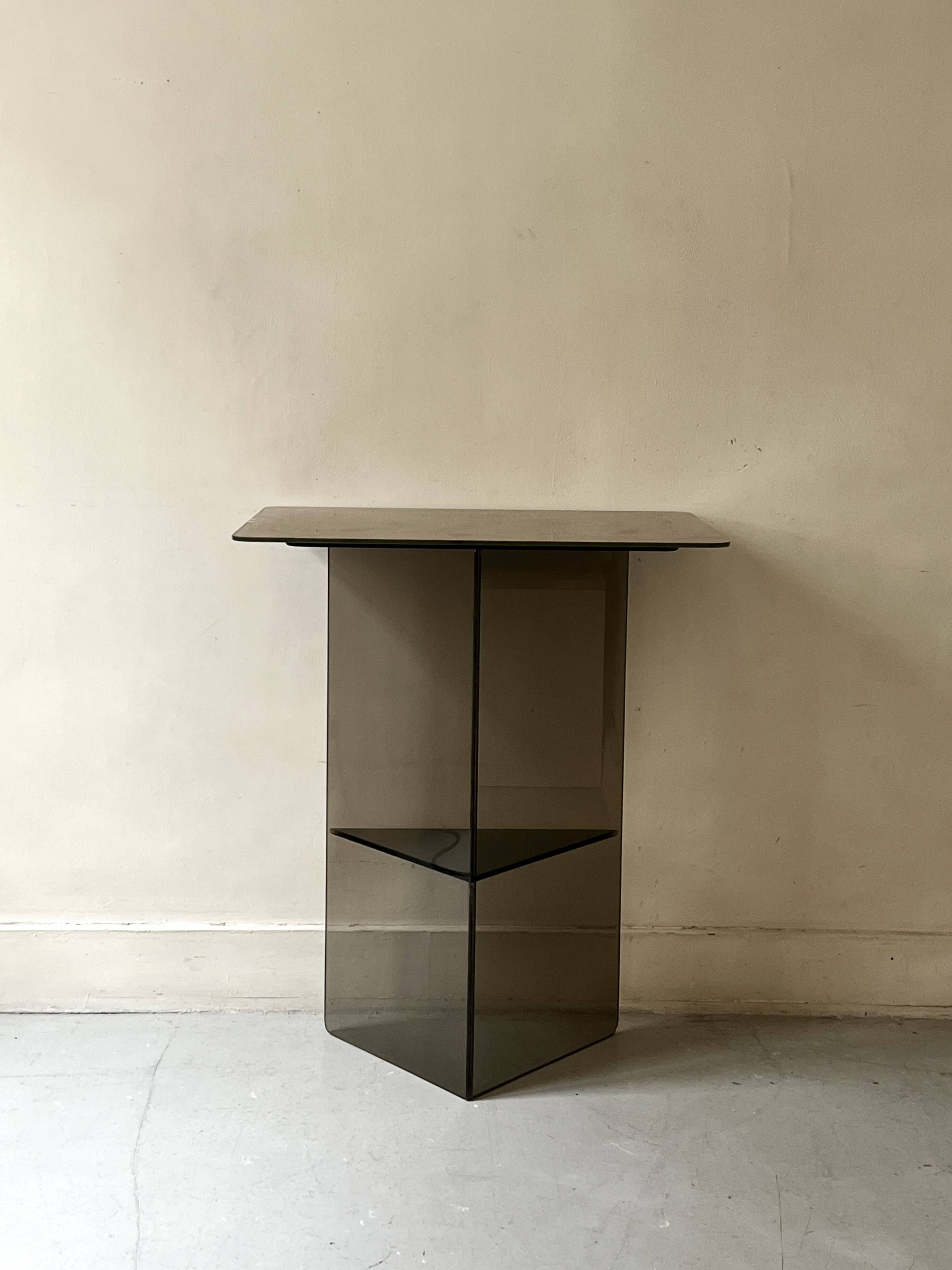 Vintage console in smoked glass and textured organic brown, 70s design.