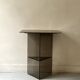 Vintage console in smoked glass and textured organic brown, 70s design.