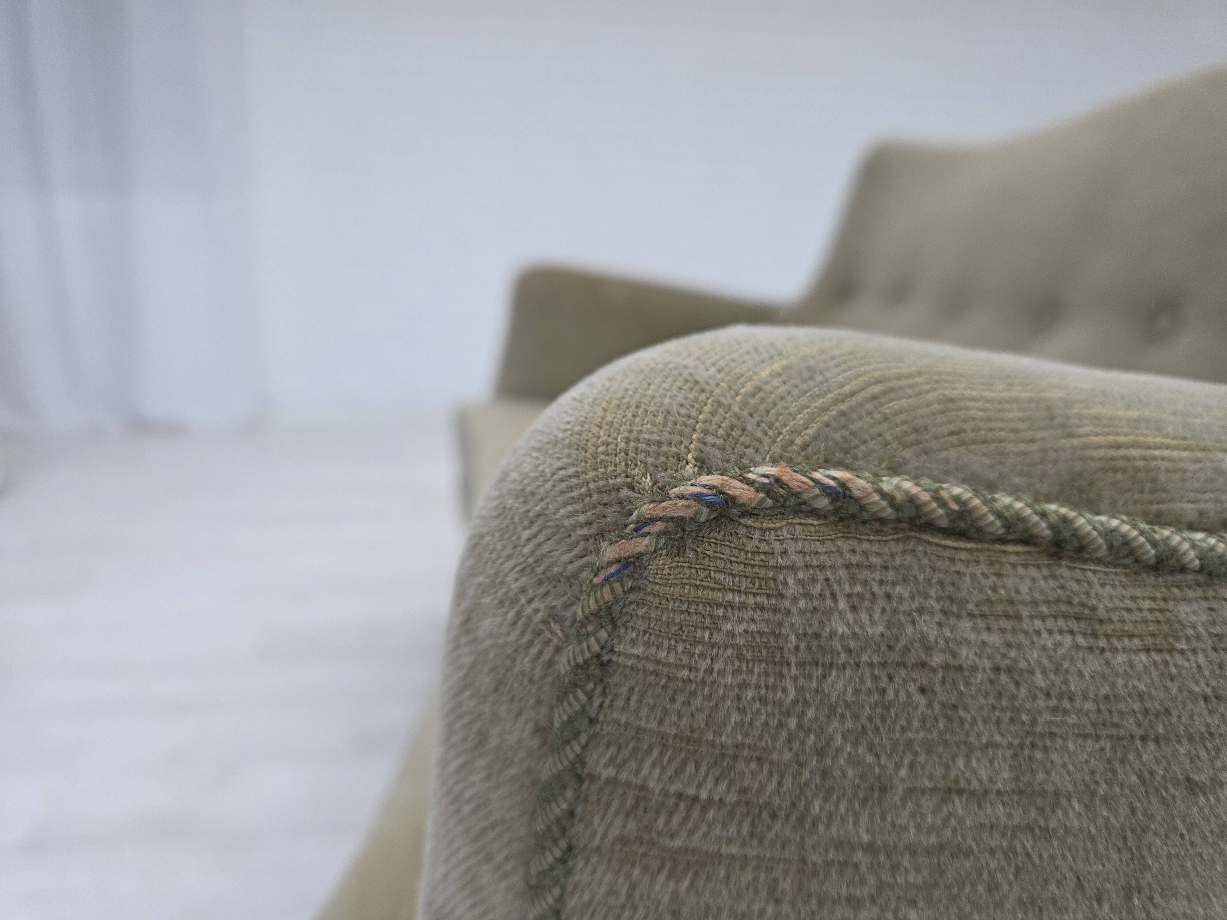 1960s, Danish curved 2-seater sofa, furniture velour, beech wood.