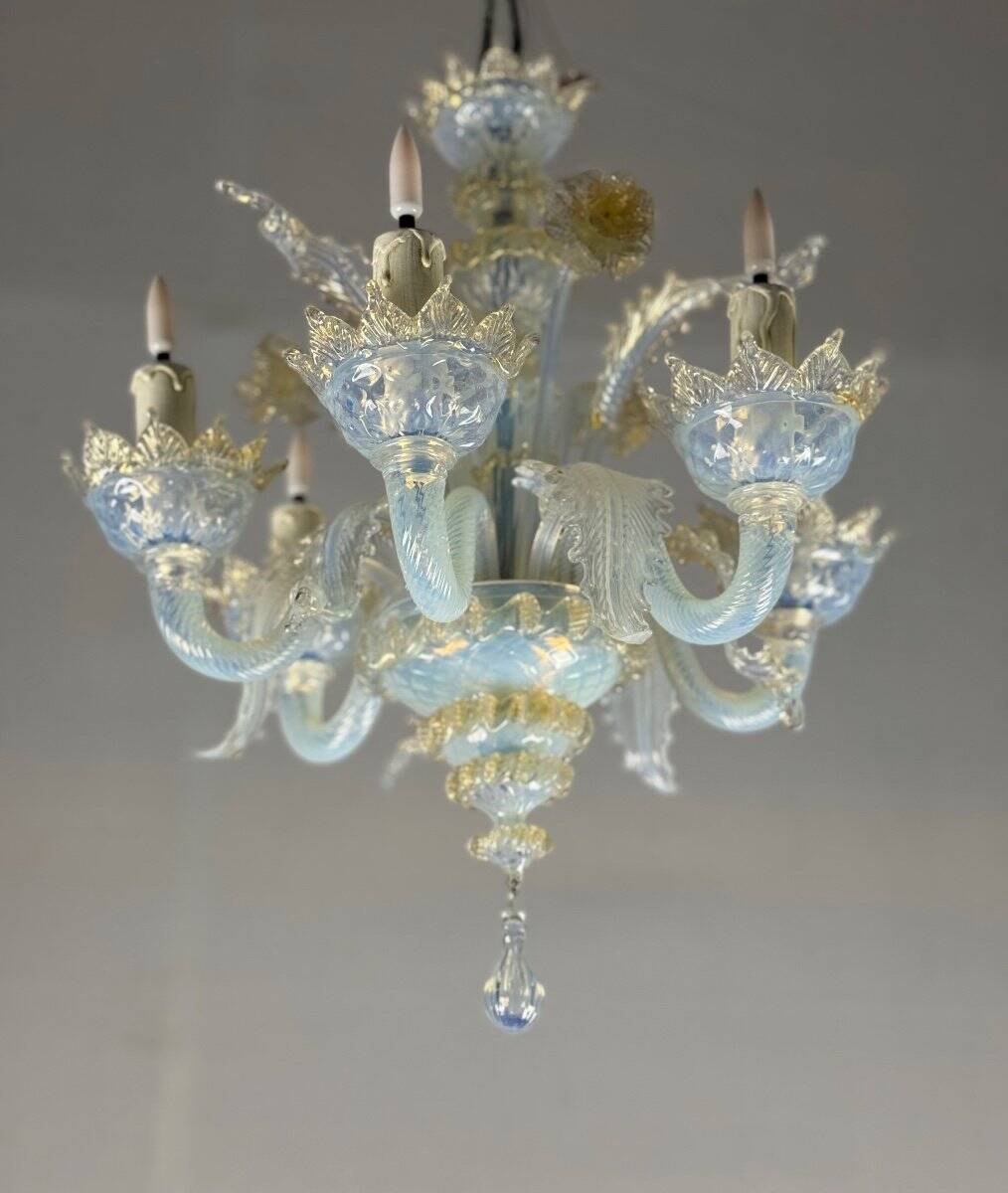 Small Venetian Chandelier In Opalescent Blue And Gold Murano Glass, 6 Arms Of Light Circa 1950