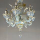 Small Venetian Chandelier In Opalescent Blue And Gold Murano Glass, 6 Arms Of Light Circa 1950