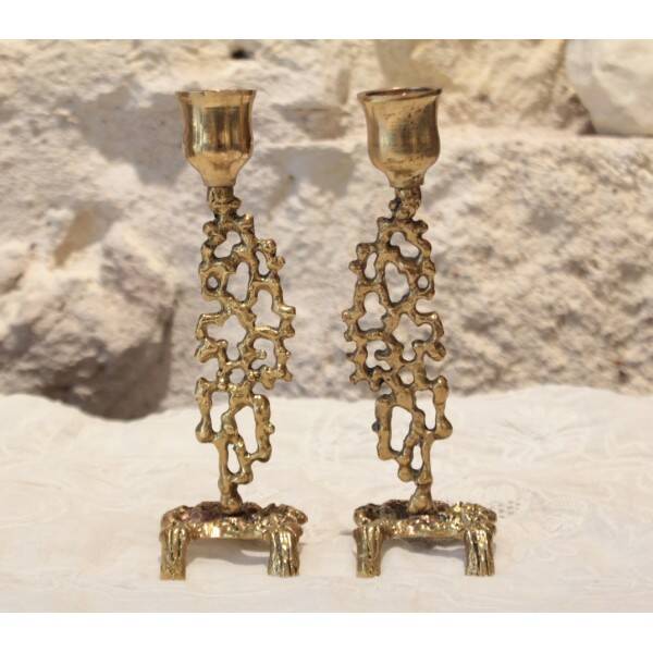 Pair of gilded bronze candlestick holders in brutalist style from around 1970.