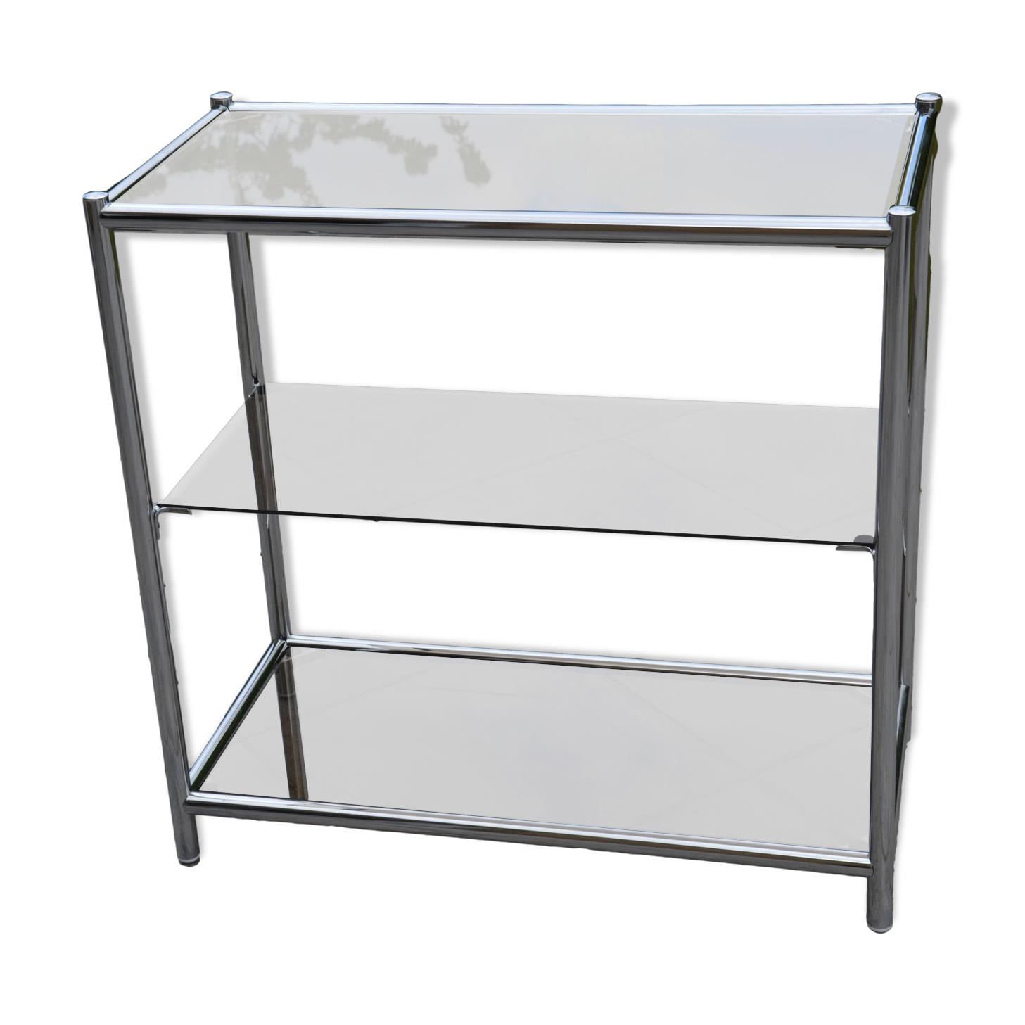 Console/étagère sur pied en acier chromé et verre fumé